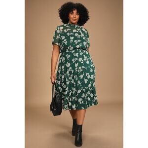 Lulus Floral Dressed Up Dark Green Floral Print Midi Dress - Size 2X